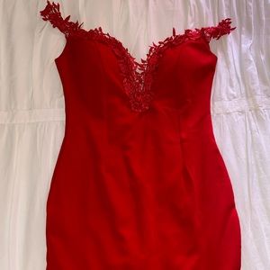 Deep V red bodycon dress with lace detail